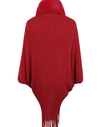 Fringe Detail Long Sleeve Ribbed Poncho