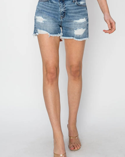 RISEN Stepped Waist Frayed Denim Shorts 