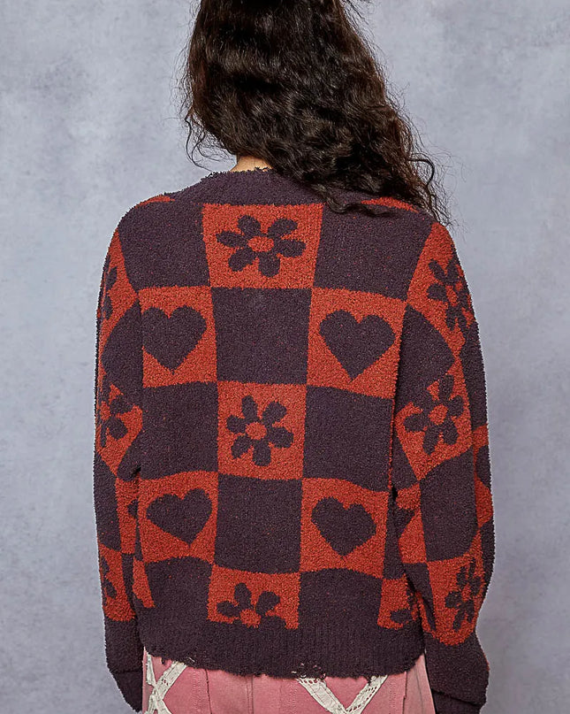 POL V-Neck Heart Pattern Checkered Sweater