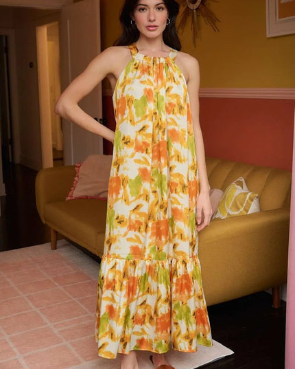 Mittoshop Watercolor Print Halter Neck Satin Maxi Dress 