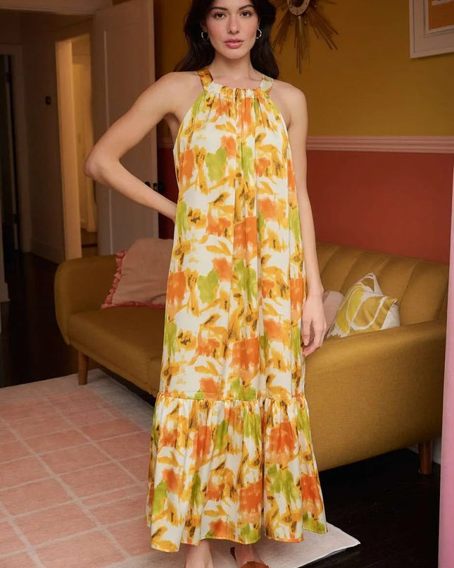 Mittoshop Watercolor Print Halter Neck Satin Maxi Dress 