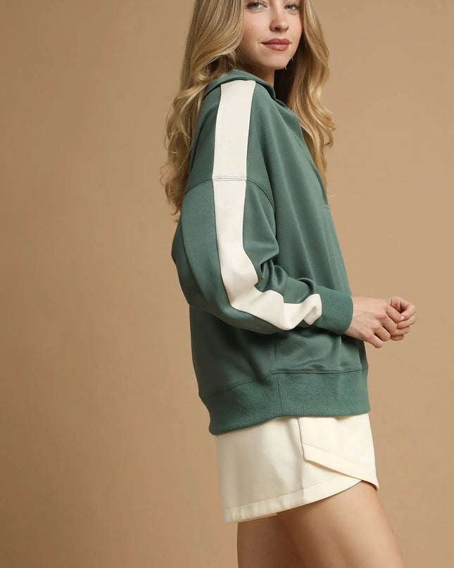 Umgee Contrast Long Sleeve Sweatshirt with Collar