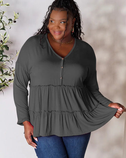 Double Take Half Button Long Sleeve Ruffle Hem Blouse