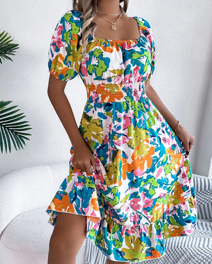 Ruffled Hem Smocked Floral Short Sleeve Midi Dress 