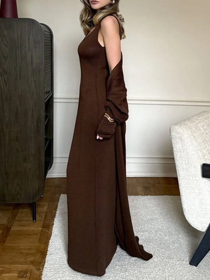 V-Neck Knit Dress and Cardigan Sweater Set Coffee Brown