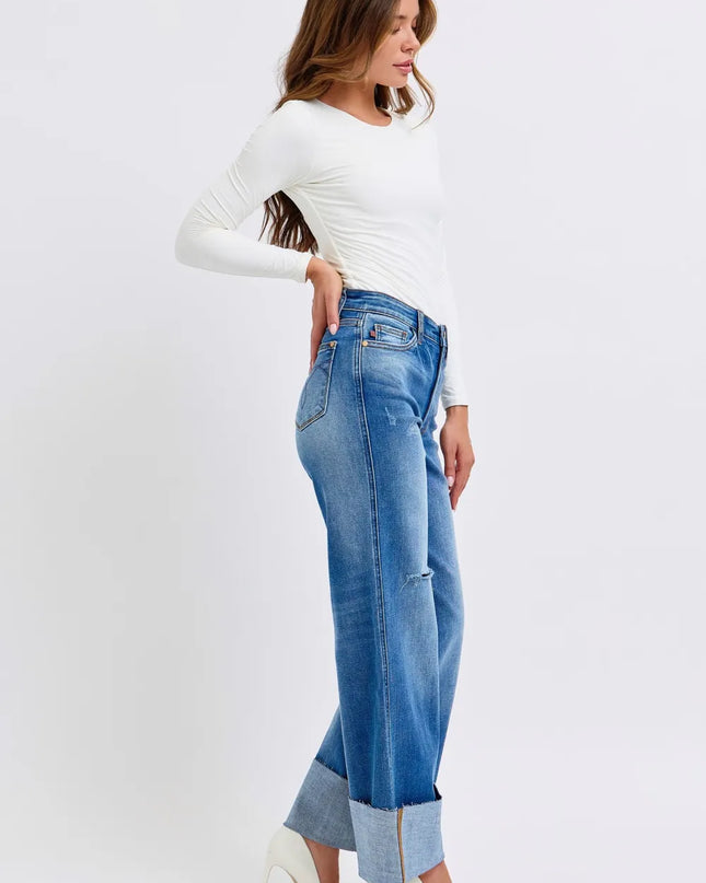 Judy Blue Full Size Distressed High Waist Wide Leg Jeans