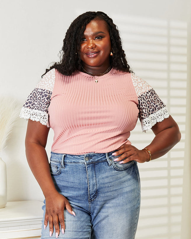 Double Take Leopard Lace Trim Ribbed Round Neck Top