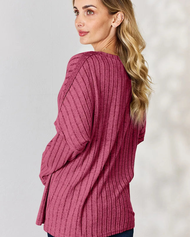 Basic Bae Full Size Ribbed Half Button Long Sleeve T-Shirt