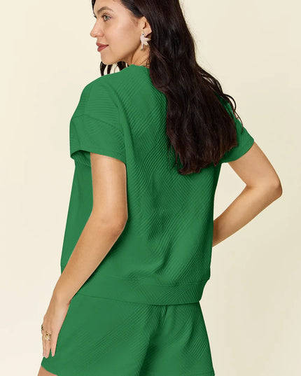 Double Take Full Size Texture Short Sleeve T-Shirt and Drawstring Shorts Set