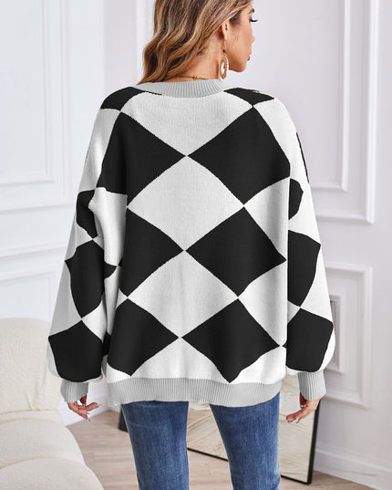 Geometric Lantern Sleeve Cardigan with Pockets