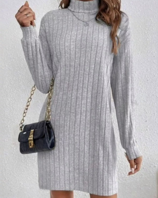 Casual Ribbed Turtleneck Long Sleeve Mini Dress Light Gray