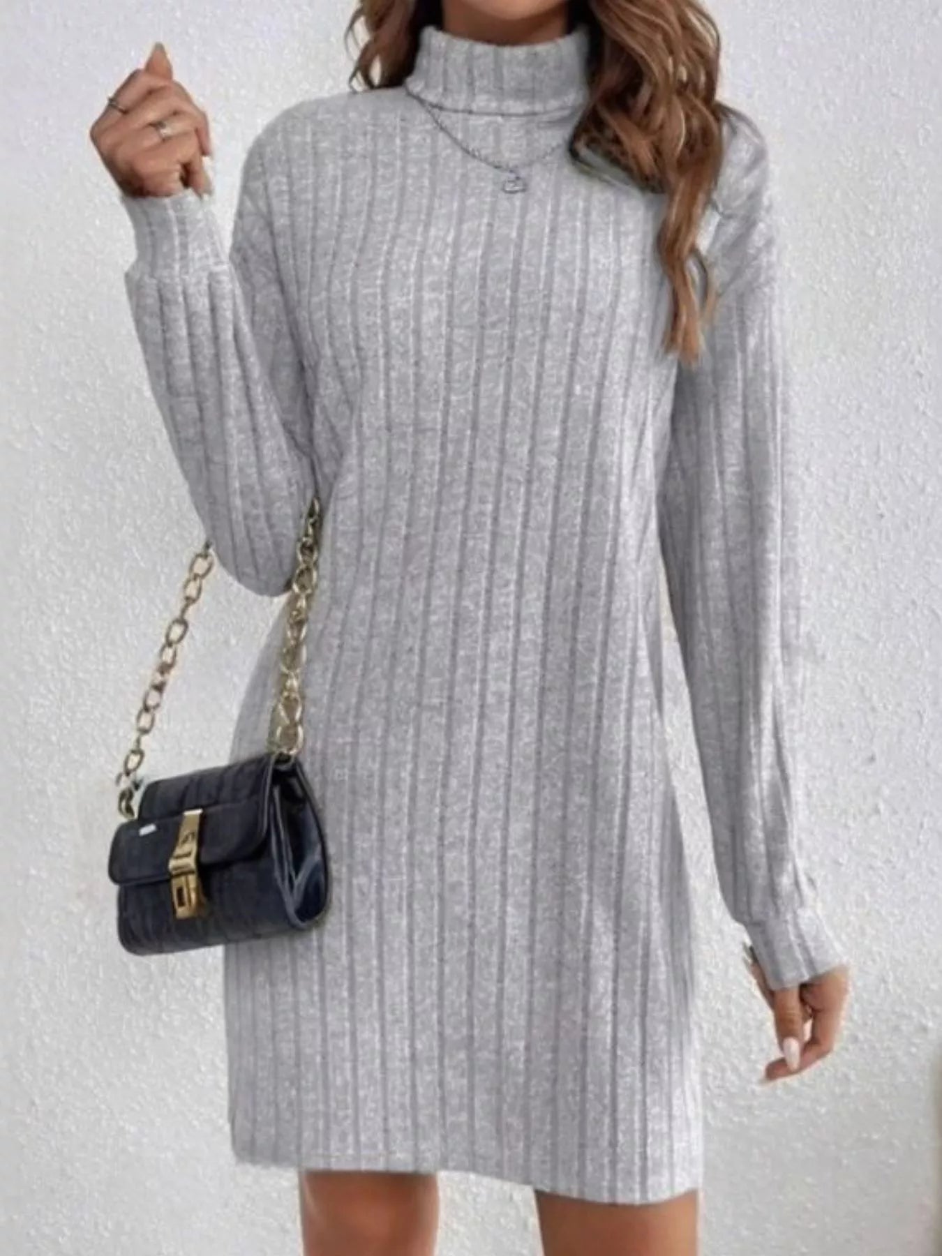 Casual Ribbed Turtleneck Long Sleeve Mini Dress Light Gray