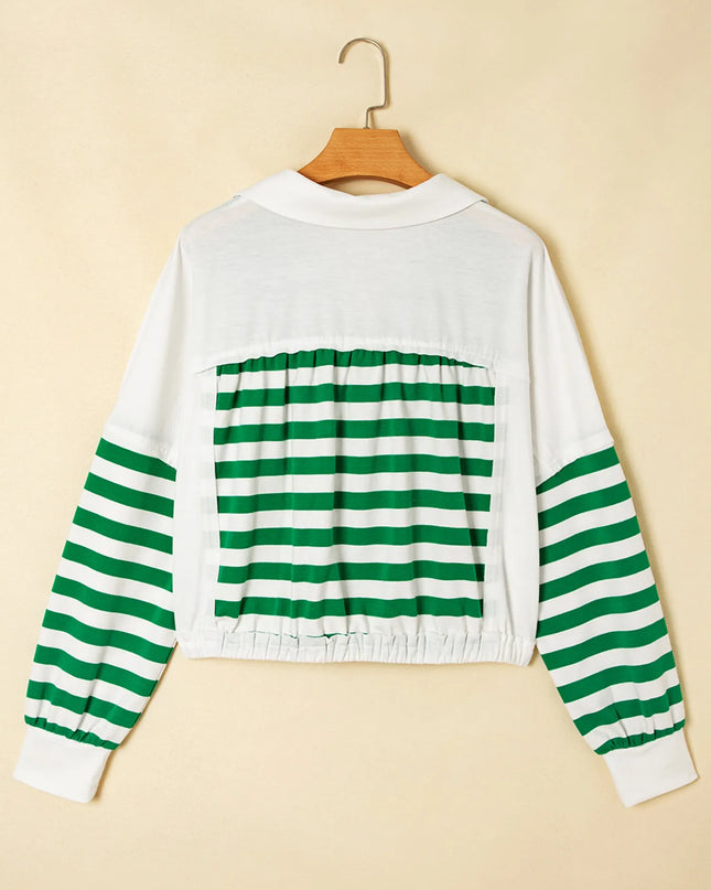 Stripe Colorblock Collared V Neck Cropped Top