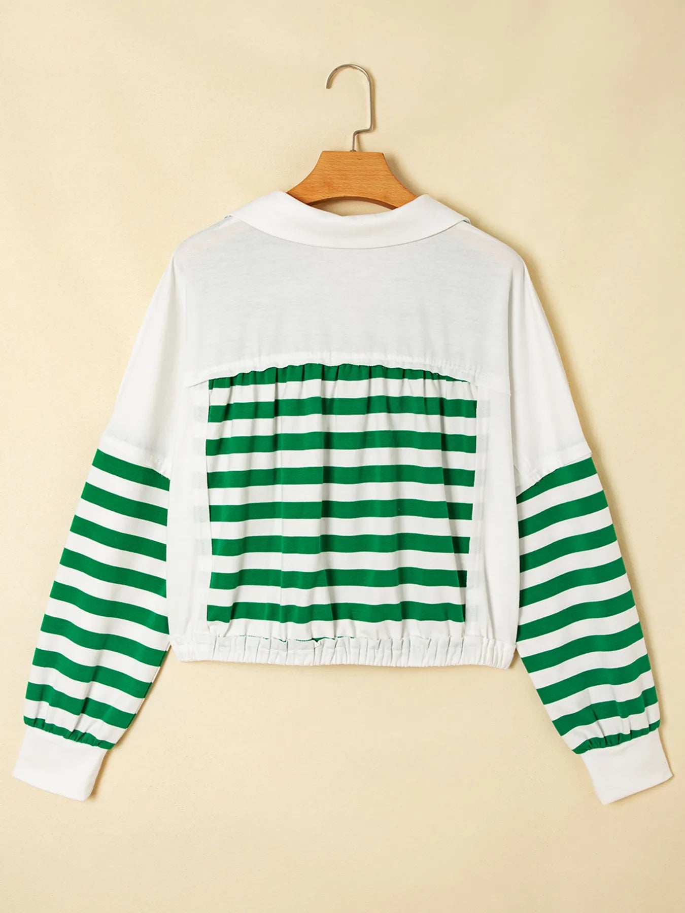 Stripe Colorblock Collared V Neck Cropped Top