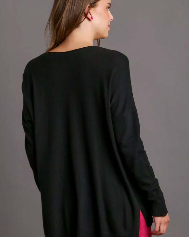 Umgee V-Neck High Low Hem Knit Top with Side Slit