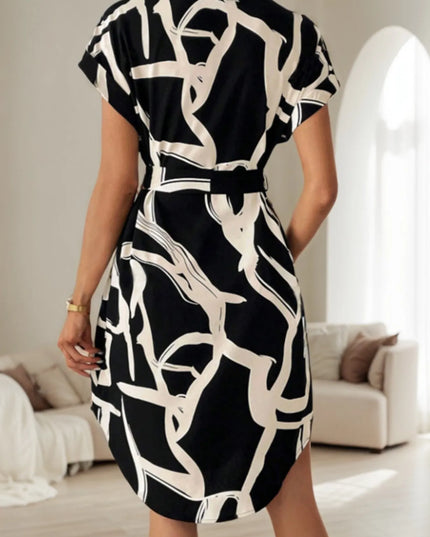 Abstract Print Belted Short Sleeve Midi Dress