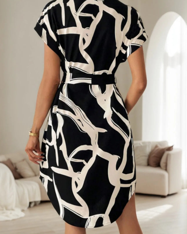 Abstract Print Belted Short Sleeve Midi Dress
