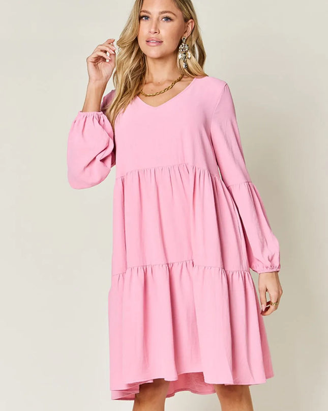 Double Take Full Size V-Neck Balloon Sleeve Tiered Dress with Pockets Pink