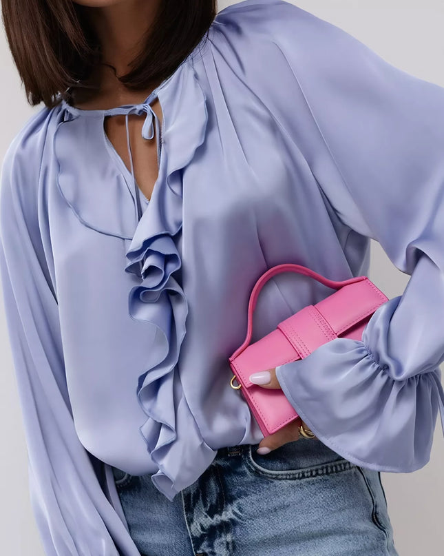 Ruffle Trim Satin Flounce Sleeve Blouse Blue Purple