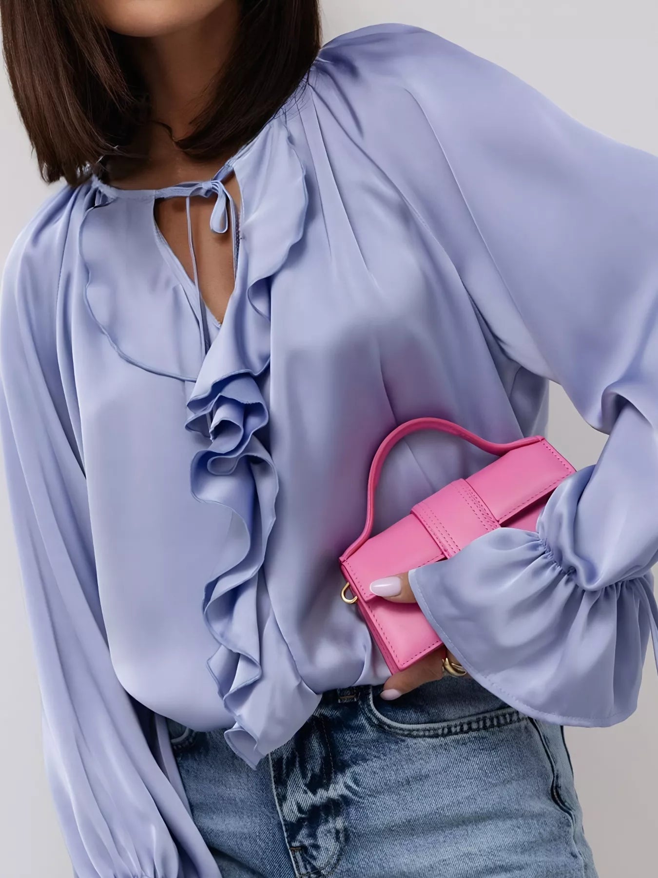 Ruffle Trim Satin Flounce Sleeve Blouse Blue Purple