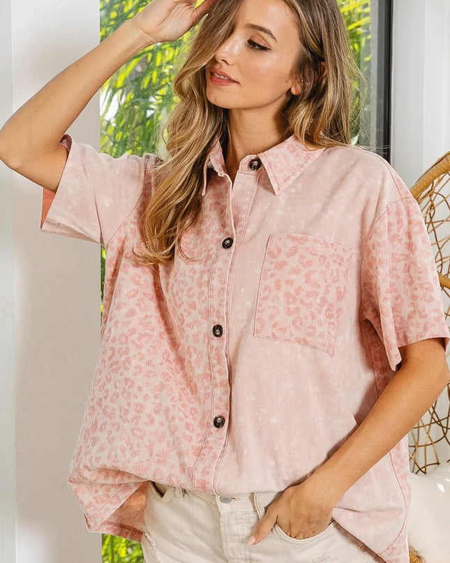 BiBi Mineral Washed Leopard Print Short Sleeve Shirt