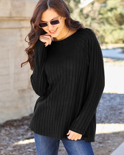 Basic Bae Full Size Ribbed Round Neck Long Sleeve Knit Top Black