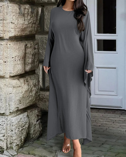 Round Neck Maxi Dress with Flowing Cape Sleeves Gray