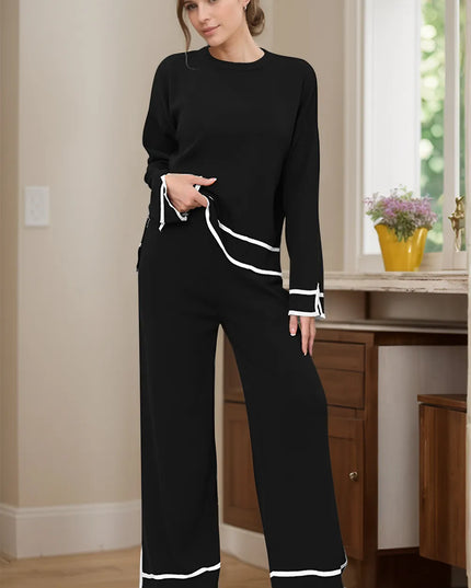 High-Low Round Neck Top and Pants Sweater Set Black One Size