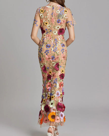 Floral Embroidered Mesh Overlay Maxi Dress