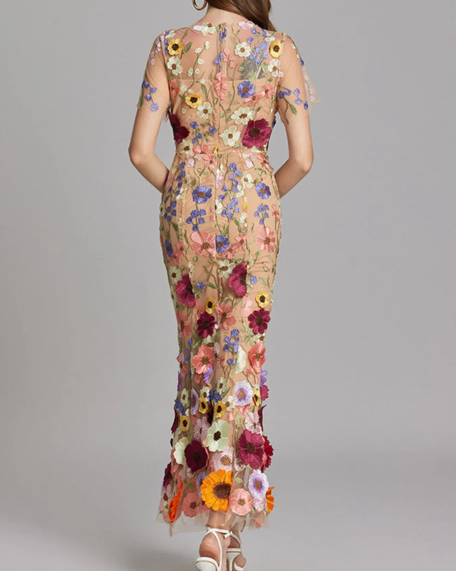 Floral Embroidered Mesh Overlay Maxi Dress