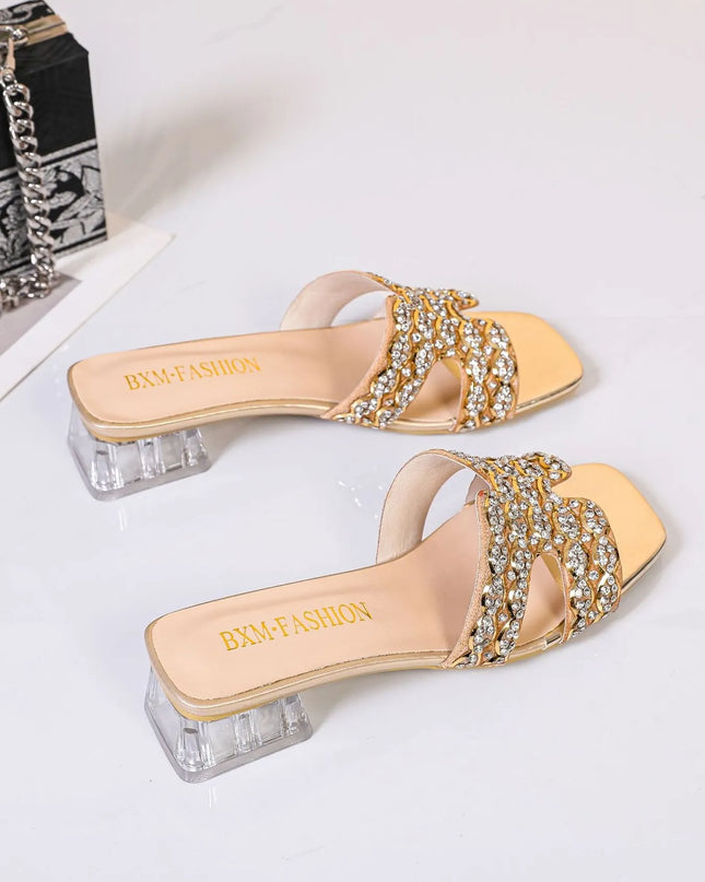 Rhinestone Open Toe Block Heels Sandals 