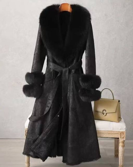 CT074Y Elegant Mid-Length Faux Fur Coat with Fox Fur Collar Black