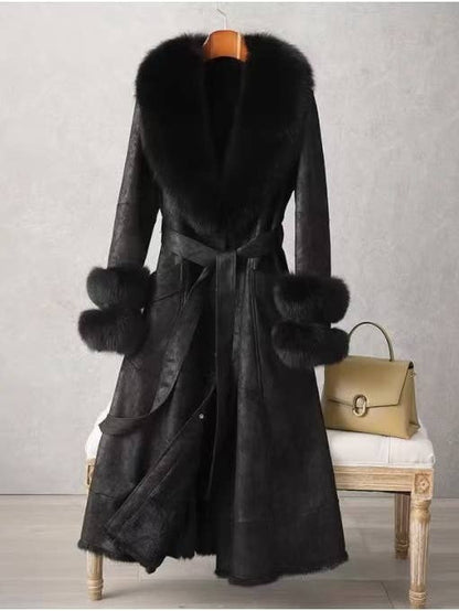 CT074Y Elegant Mid-Length Faux Fur Coat with Fox Fur Collar Black
