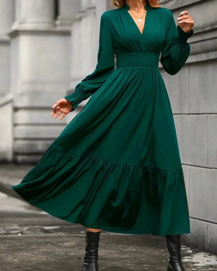Notched Long Sleeve Tiered Dress