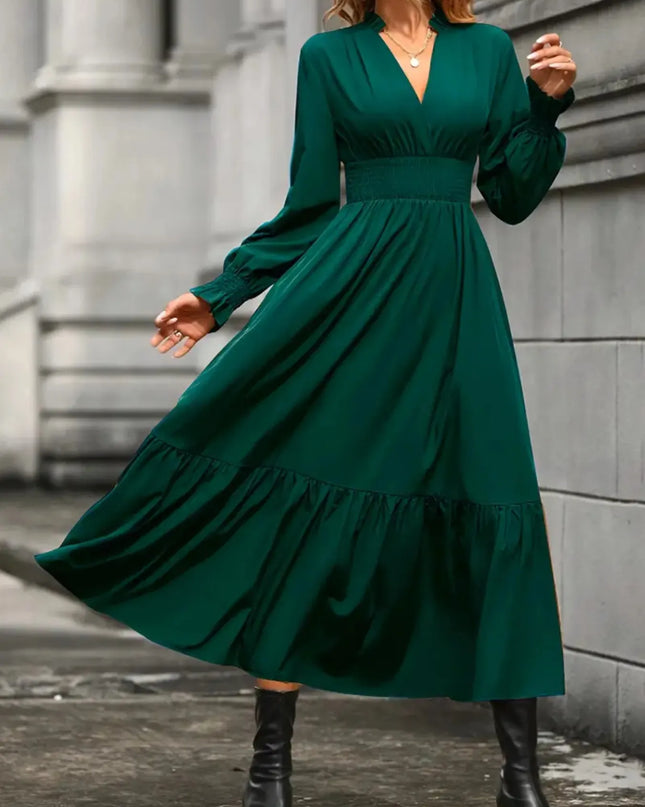 Notched Long Sleeve Tiered Dress