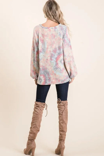 BiBi Brushed Tie Dye Print Top with Puff Sleeves
