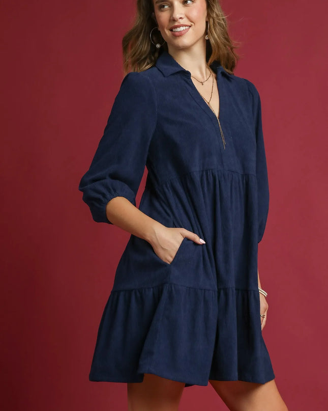 Umgee Tiered Corduroy Mini Dress with Balloon Sleeves