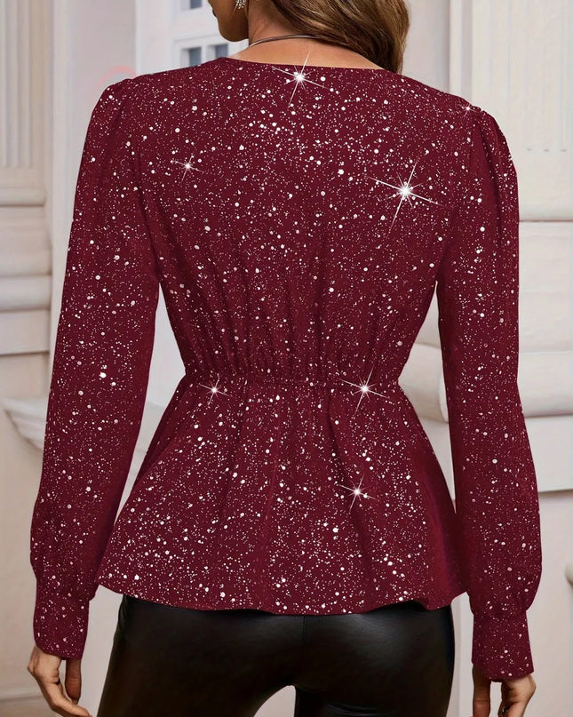 Asymmetrical Hem Surplice Long Sleeve Blouse