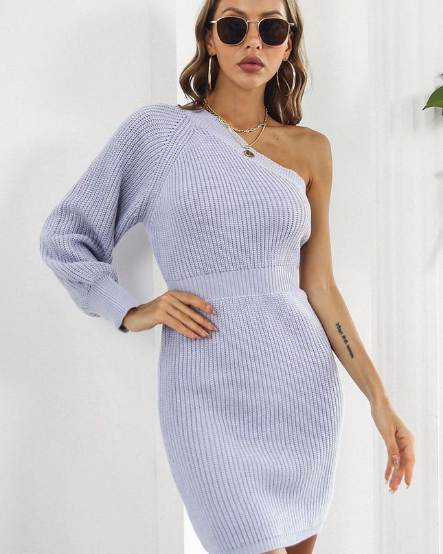 One Shoulder Raglan Sleeve Pencil Sweater Dress Lavender