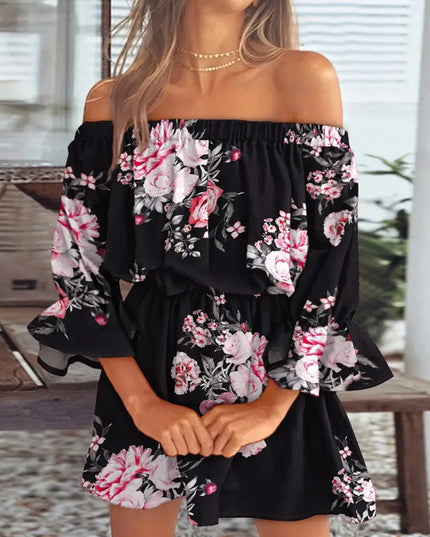 Full Size Floral Off-Shoulder Flounce Sleeve Mini Dress Plus Size 