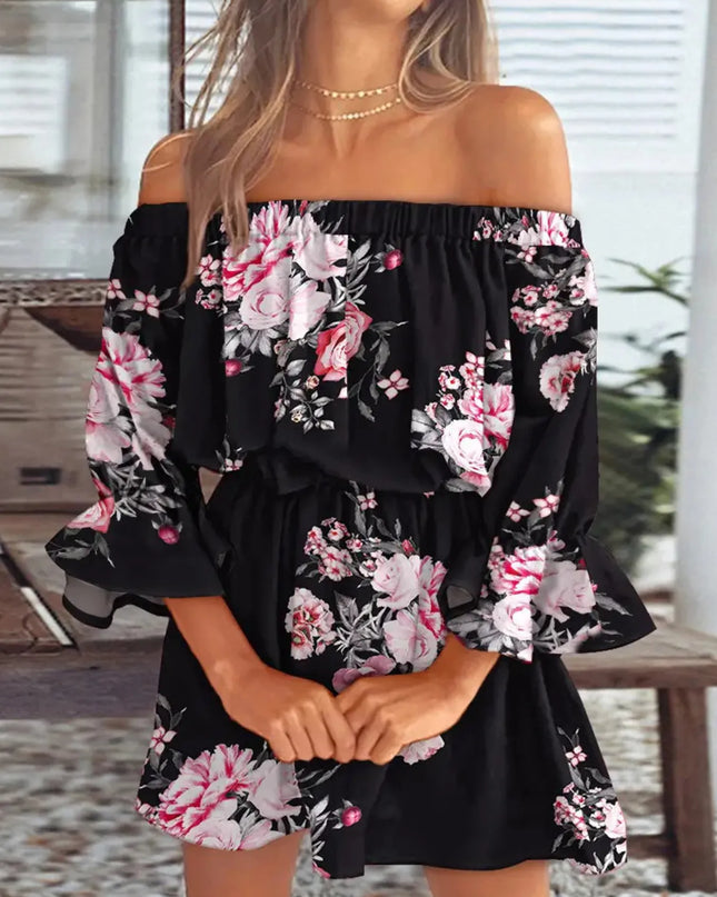 Full Size Floral Off-Shoulder Flounce Sleeve Mini Dress Plus Size 