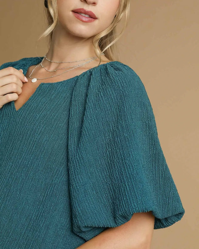Umgee Textured Flutter Sleeve Notch Neck Top