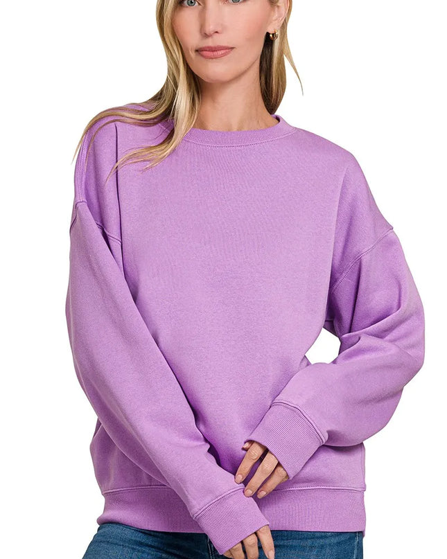 Zenana Fleece Crewneck Long Sleeve Sweatshirt B LAVENDER
