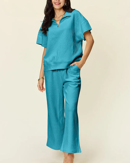 Double Take Full Size Texture Half Zip Short Sleeve Top and Pants Set