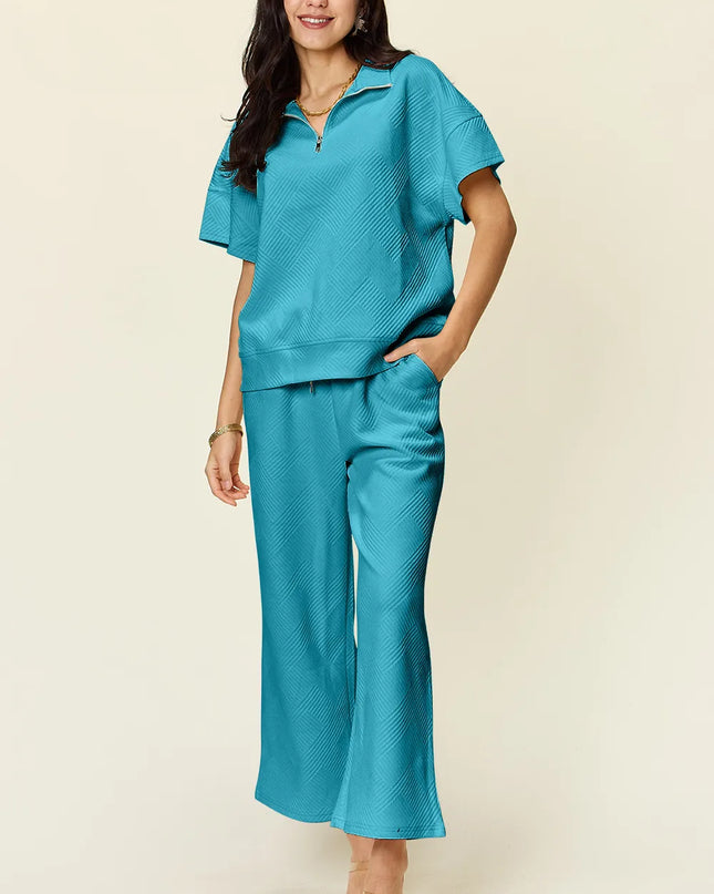 Double Take Full Size Texture Half Zip Short Sleeve Top and Pants Set