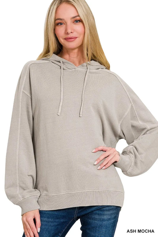 Zenana French Terry Pigment Dye & Enzyme Washing Hoodie ASH MOCHA