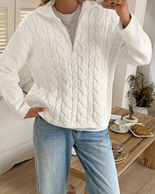 Zip Collar Cable-Knit Sweater