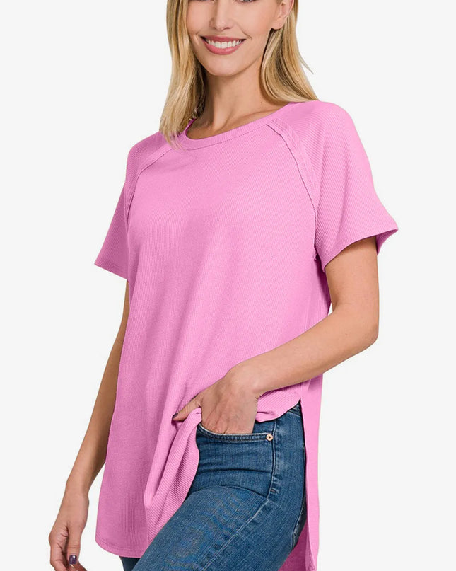 Zenana Slit Round Neck Short Sleeve Waffle Top