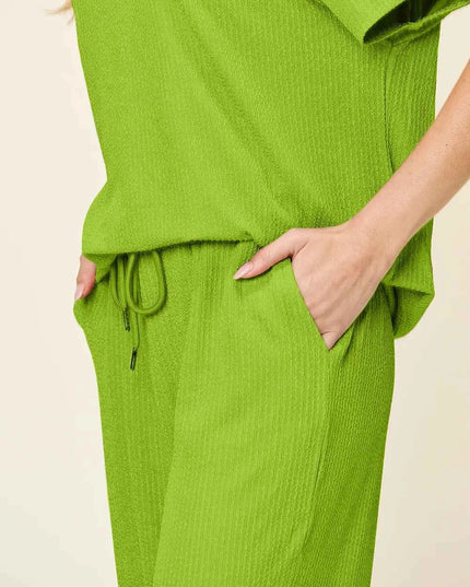 Double Take Full Size Texture Round Neck Short Sleeve T-Shirt and Wide Leg Pants