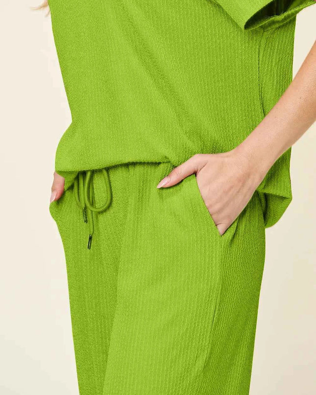 Double Take Full Size Texture Round Neck Short Sleeve T-Shirt and Wide Leg Pants